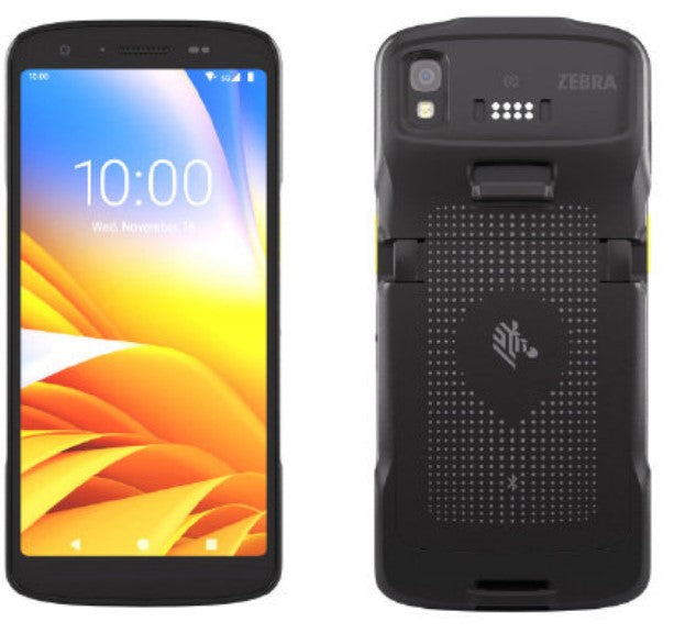 Smartphone with colorful display and Zebra-branded back on a white background